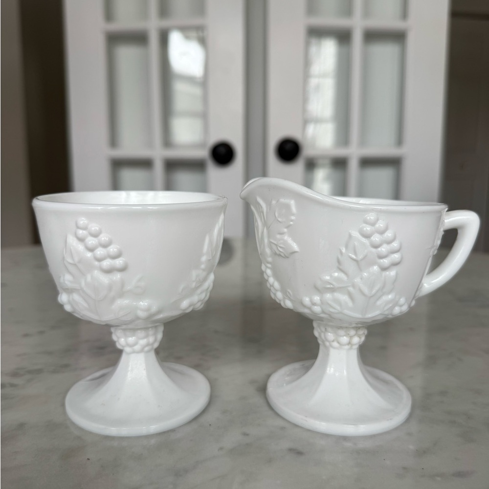 Vintage Indiana Glass Co Grape Harvest Milk Glass Creamer and Sugar Set